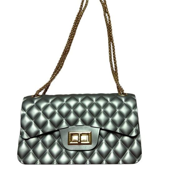 Silver and Gold Quilted Shoulder Bag with Chain Strap - Picture 1 of 6